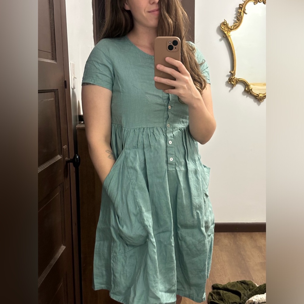 Listicle Teal Linen Apron-Style Dress